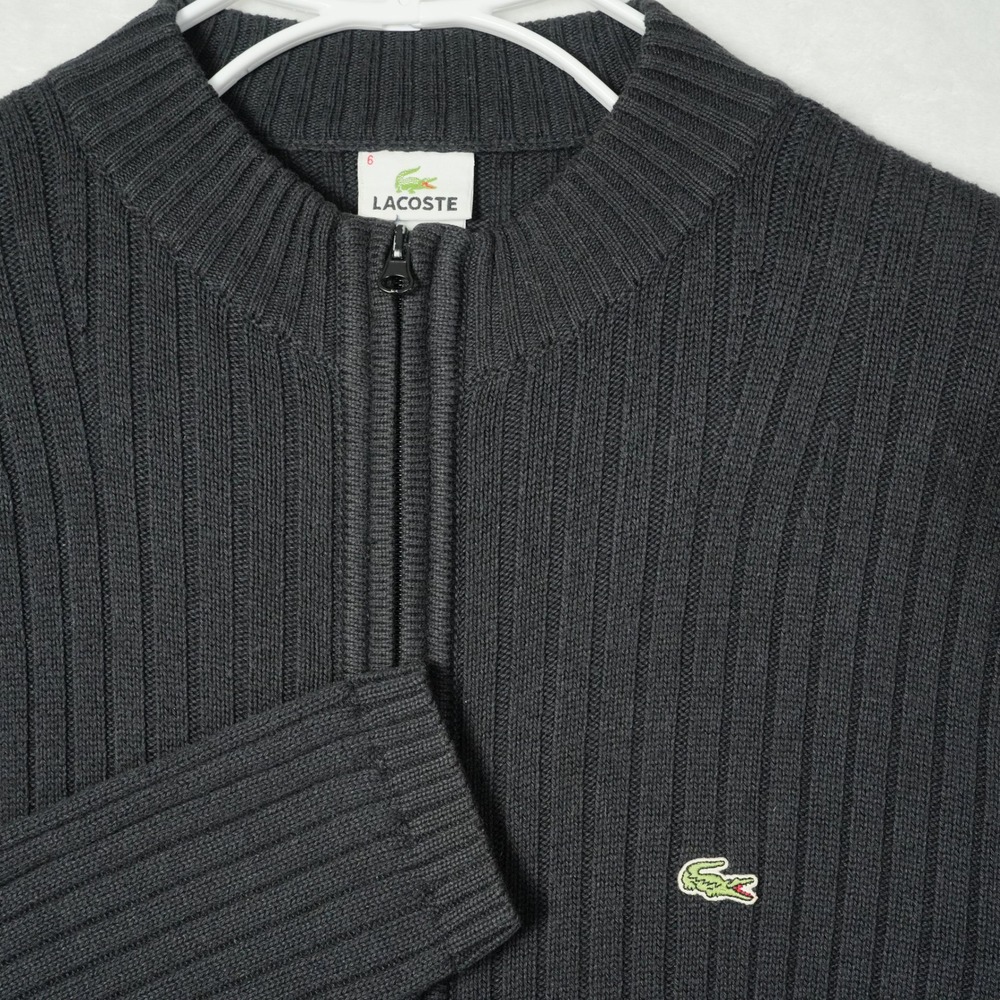 Lacoste Mens Full Zip Ribbed Cardigan Sweater Charcoal Gray Cotton Wool Size 6